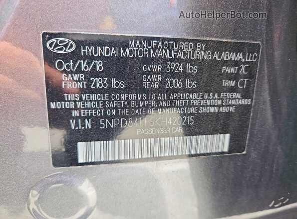 5NPD84LF5KH420215 2019 HYUNDAI ELANTRA Silver Widok komory silnika