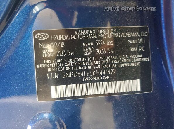 5NPD84LF5KH441422 2019 HYUNDAI ELANTRA Blue VIN կոդի պիտակի տեսք