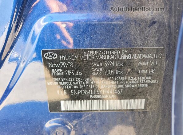 5NPD84LF5KH441467 2019 HYUNDAI ELANTRA Синий Вид подкапотного пространства