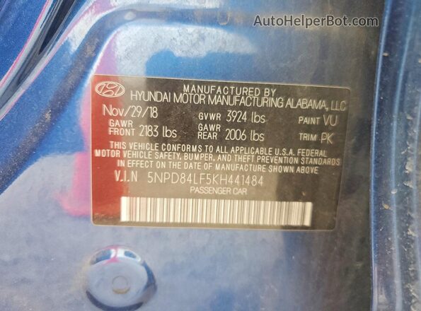 5NPD84LF5KH441484 2019 HYUNDAI ELANTRA Синий Вид наклейки с VIN-кодом