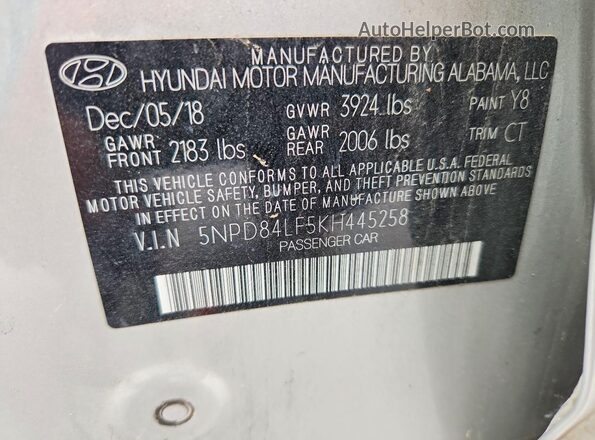 5NPD84LF5KH445258 2019 HYUNDAI ELANTRA Silver Vista de la etiqueta del VIN