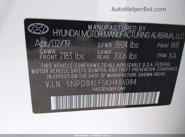 5NPD84LF5KH486084 2019 HYUNDAI ELANTRA White Вид підкапотного простору