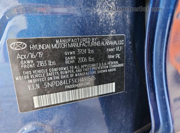 5NPD84LF5KH491575 2019 HYUNDAI ELANTRA Blue ძრავის განყოფილების ხედი