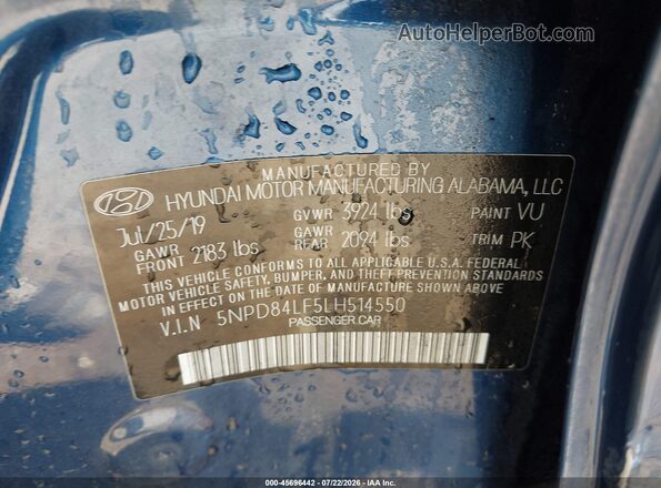 5NPD84LF5LH514550 2020 HYUNDAI ELANTRA Blue Engine compartment view