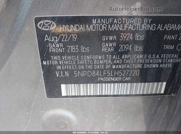 5NPD84LF5LH527220 2020 HYUNDAI ELANTRA Gray ძრავის განყოფილების ხედი