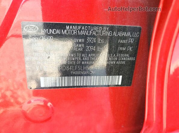 5NPD84LF5LH538492 2020 HYUNDAI ELANTRA Red VIN კოდის სტიკერის ხედი