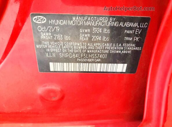 5NPD84LF5LH557401 2020 HYUNDAI ELANTRA Red VIN կոդի պիտակի տեսք