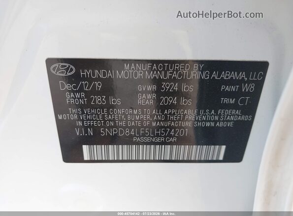 5NPD84LF5LH574201 2020 HYUNDAI ELANTRA White Вид підкапотного простору