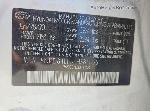 5NPD84LF5LH584095 2020 HYUNDAI ELANTRA White Widok naklejki z numerem VIN