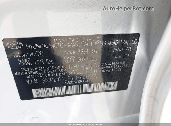 5NPD84LF5LH600005 2020 HYUNDAI ELANTRA Белый Вид подкапотного пространства