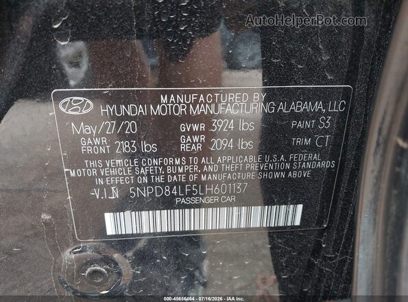 5NPD84LF5LH601137 2020 HYUNDAI ELANTRA Black Engine compartment view