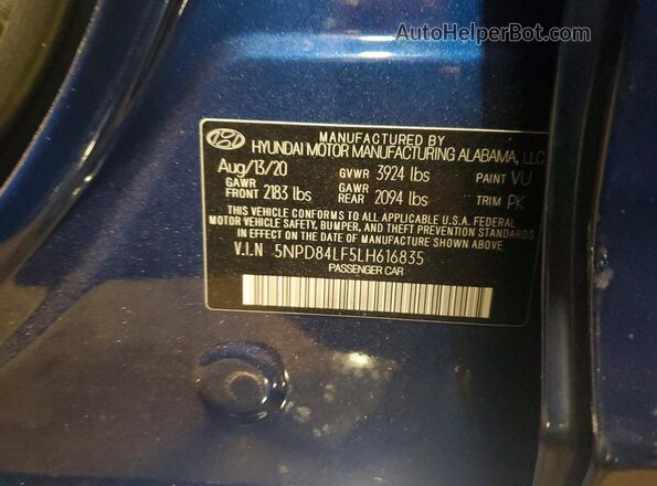 5NPD84LF5LH616835 2020 HYUNDAI ELANTRA Blue Engine compartment view