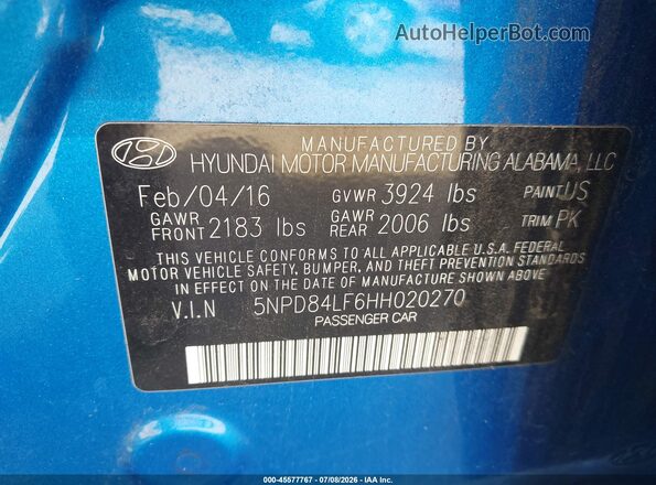 5NPD84LF6HH020270 2017 HYUNDAI ELANTRA Blue Շարժիչի բաժամունքի տեսք
