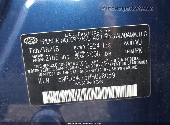 5NPD84LF6HH028059 2017 HYUNDAI ELANTRA Blue Вид підкапотного простору