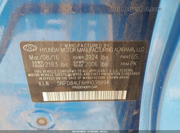 5NPD84LF6HH038994 2017 HYUNDAI ELANTRA Blue Engine compartment view