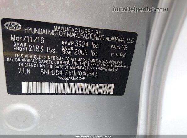 5NPD84LF6HH040843 2017 HYUNDAI ELANTRA Gray Vista del compartimento del motor