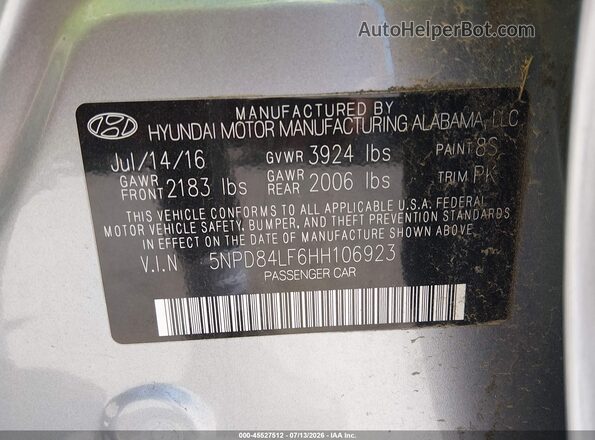 5NPD84LF6HH106923 2017 HYUNDAI ELANTRA Gray Engine compartment view