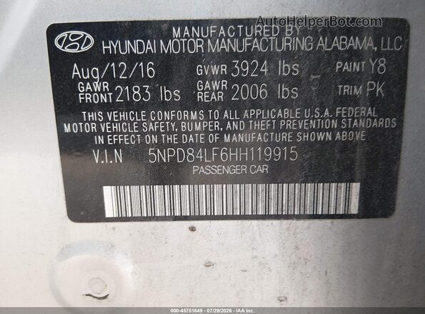 5NPD84LF6HH119915 2017 HYUNDAI ELANTRA Silver Widok komory silnika