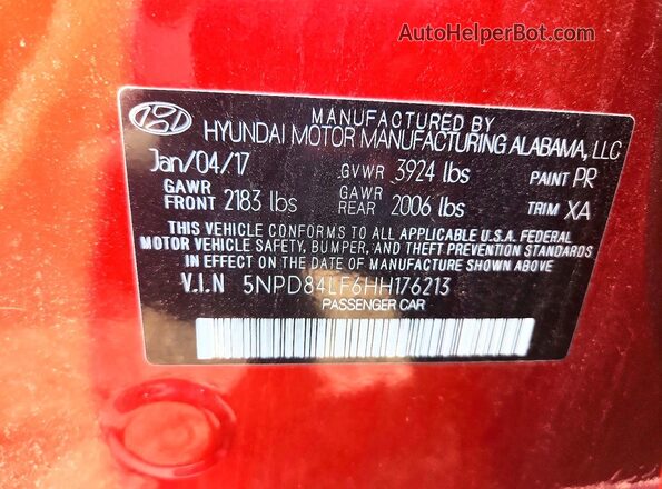 5NPD84LF6HH176213 2017 HYUNDAI ELANTRA Red ძრავის განყოფილების ხედი