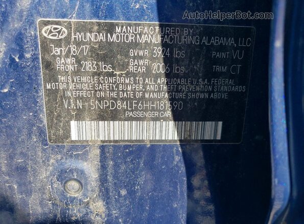 5NPD84LF6HH181590 2017 HYUNDAI ELANTRA Blue Շարժիչի բաժամունքի տեսք