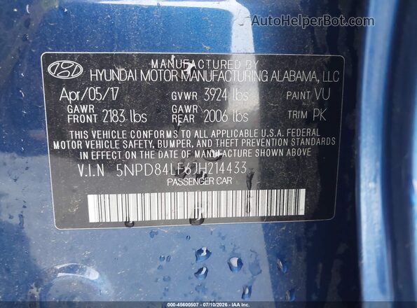5NPD84LF6JH214433 2018 HYUNDAI ELANTRA Blue Widok komory silnika
