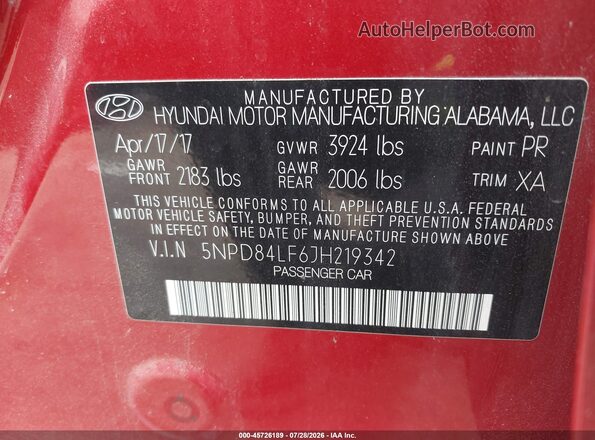 5NPD84LF6JH219342 2018 HYUNDAI ELANTRA Red ძრავის განყოფილების ხედი