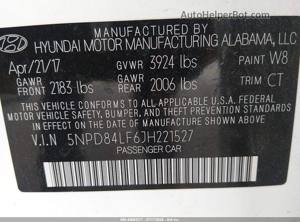 5NPD84LF6JH221527 2018 HYUNDAI ELANTRA White Vista del compartimento del motor