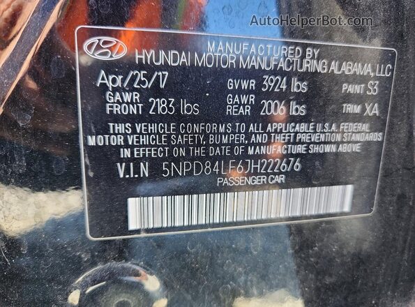 5NPD84LF6JH222676 2018 HYUNDAI ELANTRA Black Vista de la etiqueta del VIN