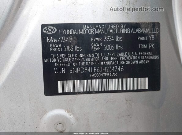 5NPD84LF6JH234746 2018 HYUNDAI ELANTRA Silver Engine compartment view