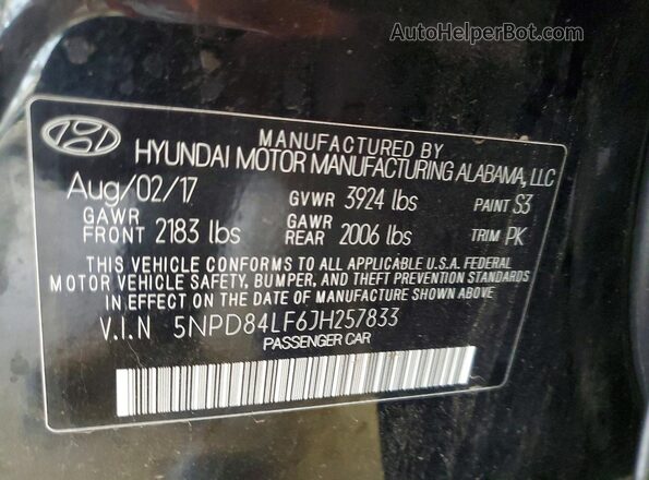 5NPD84LF6JH257833 2018 HYUNDAI ELANTRA Black VIN კოდის სტიკერის ხედი