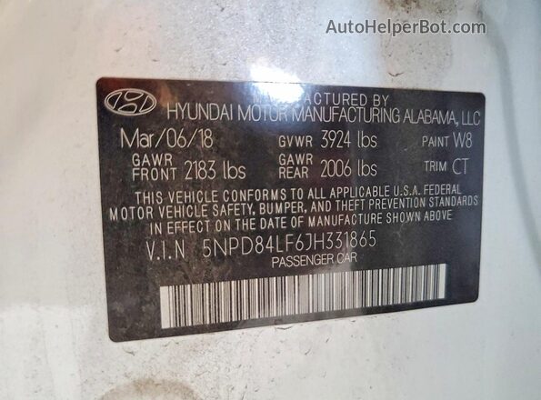 5NPD84LF6JH331865 2018 HYUNDAI ELANTRA White Widok naklejki z numerem VIN