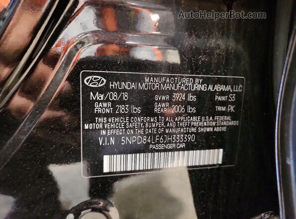 5NPD84LF6JH333390 2018 HYUNDAI ELANTRA Black Widok naklejki z numerem VIN