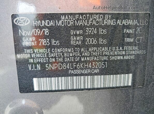 5NPD84LF6KH432051 2019 HYUNDAI ELANTRA Gray Vista de la etiqueta del VIN