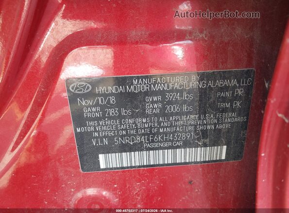 5NPD84LF6KH432891 2019 HYUNDAI ELANTRA Red Vista del compartimento del motor