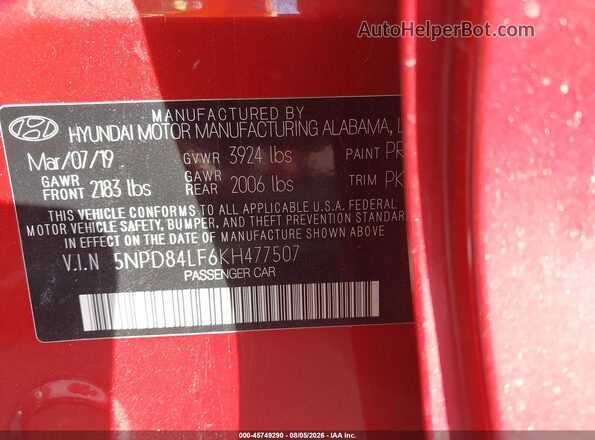 5NPD84LF6KH477507 2019 HYUNDAI ELANTRA Red ძრავის განყოფილების ხედი