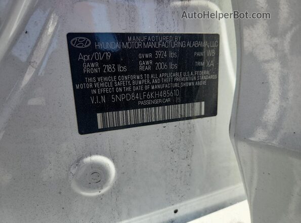 5NPD84LF6KH485610 2019 HYUNDAI ELANTRA White VIN կոդի պիտակի տեսք