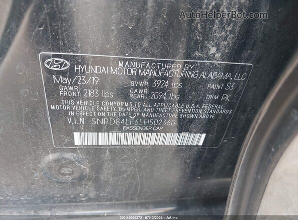 5NPD84LF6LH502360 2020 HYUNDAI ELANTRA Black Вид підкапотного простору