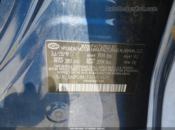 5NPD84LF6LH513679 2020 HYUNDAI ELANTRA Blue ძრავის განყოფილების ხედი