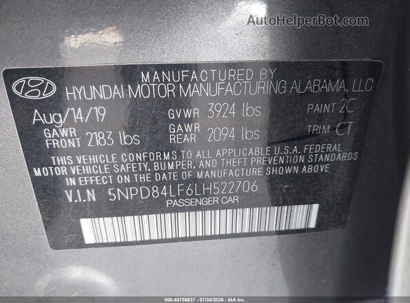 5NPD84LF6LH522706 2020 HYUNDAI ELANTRA Gray ძრავის განყოფილების ხედი