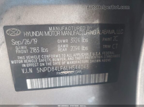 5NPD84LF6LH544043 2020 HYUNDAI ELANTRA Gray Widok komory silnika