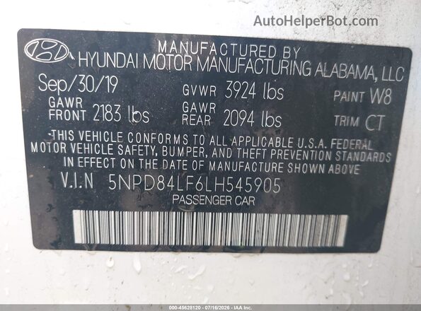 5NPD84LF6LH545905 2020 HYUNDAI ELANTRA Белый Вид подкапотного пространства