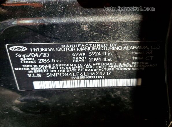5NPD84LF6LH624717 2020 HYUNDAI ELANTRA Black Вид наклейки з VIN-кодом