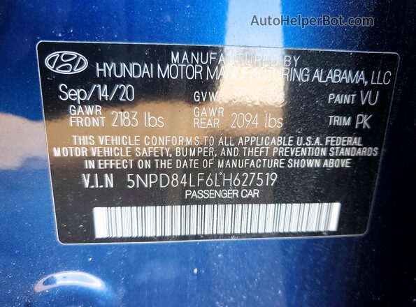 5NPD84LF6LH627519 2020 HYUNDAI ELANTRA Blue Engine compartment view
