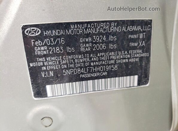 5NPD84LF7HH019158 2017 HYUNDAI ELANTRA Beige Вид наклейки з VIN-кодом