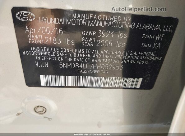 5NPD84LF7HH052953 2017 HYUNDAI ELANTRA Beige Widok naklejki z numerem VIN