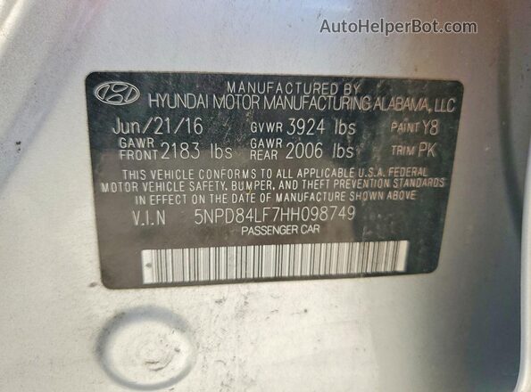 5NPD84LF7HH098749 2017 HYUNDAI ELANTRA Серебряный Вид подкапотного пространства