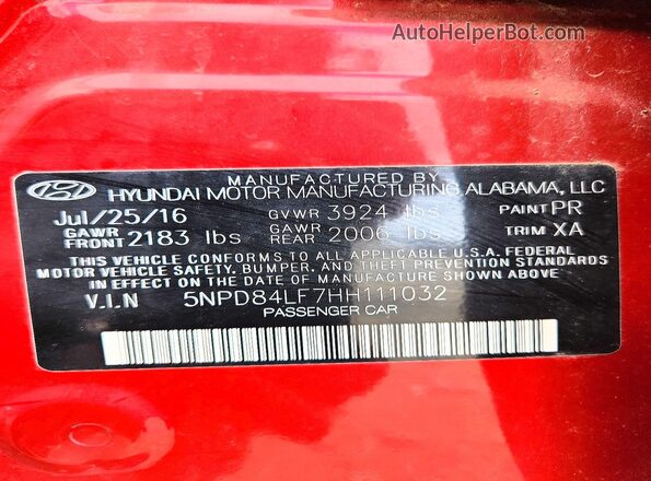 5NPD84LF7HH111032 2017 HYUNDAI ELANTRA Red Engine compartment view