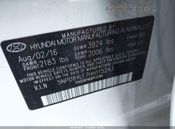 5NPD84LF7HH115243 2017 HYUNDAI ELANTRA White Vista del compartimento del motor