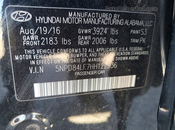 5NPD84LF7HH122936 2017 HYUNDAI ELANTRA Black VIN sticker view