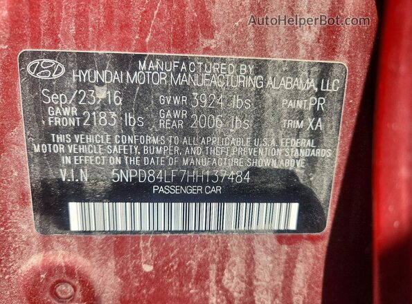 5NPD84LF7HH137484 2017 HYUNDAI ELANTRA Red ძრავის განყოფილების ხედი